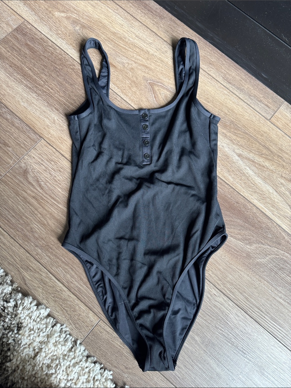 l*space Black Ribbed One-Piece Swimsuit with Button Front